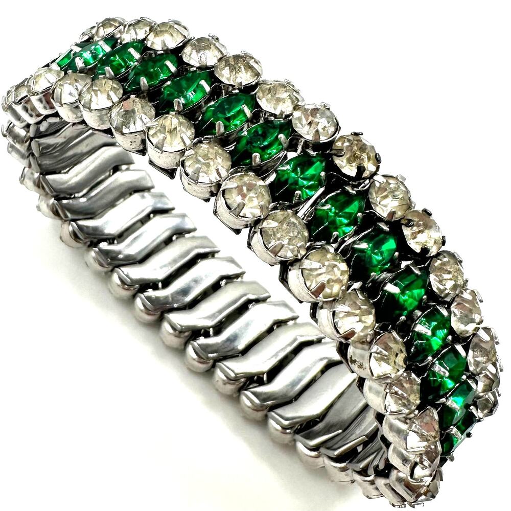 1940s vintage silver tone green clear Czech glass rhinestones expansion bracelet